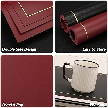 Placemats and Coasters Set of 4, PU leather Heat-Resistant Table Mats Non-Slip Washable Place Table Mats (Black Red)