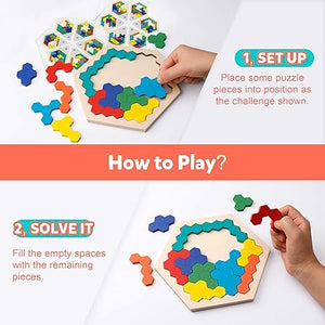 Wooden Hexagon Puzzle for Kid Adults - Shape Block Tangram Brain Teaser Toy Geometry Logic IQ Game STEM Montessori Educational Ages 3+ Challenge