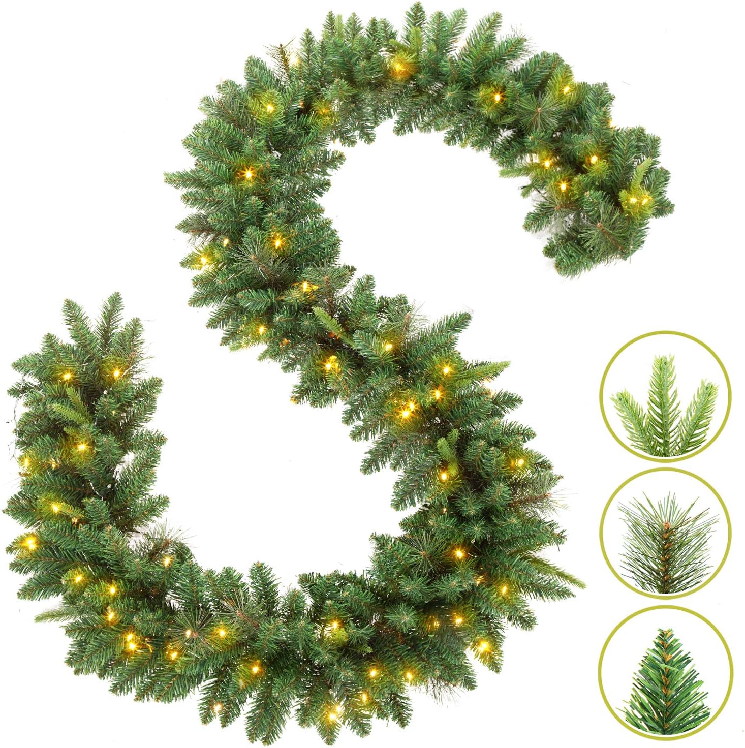 9 FT by 12 Inch Christmas Garland,Pre-lit Garland with 50 Warm Lights, Classic Green Christmas Garland with 340 Branch Tips