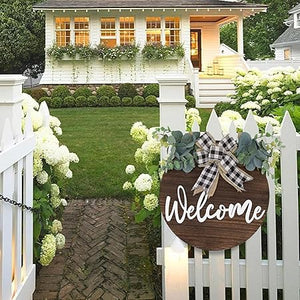 1 PCS Wooden Welcome Plate Double Bow Decorative Wreath Logo Home Decoration,Outdoor Hanging Decoration