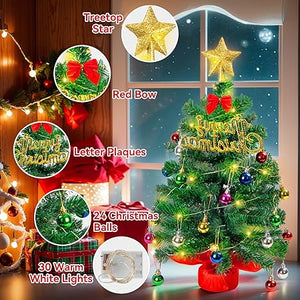 60CM Mini Christmas Tree, Artificial Tabletop Christmas Tree with 30 LED Lights, Star Tree Topper, Tabletop Small Xmas Tree for Holiday Indoor Christmas Decorations