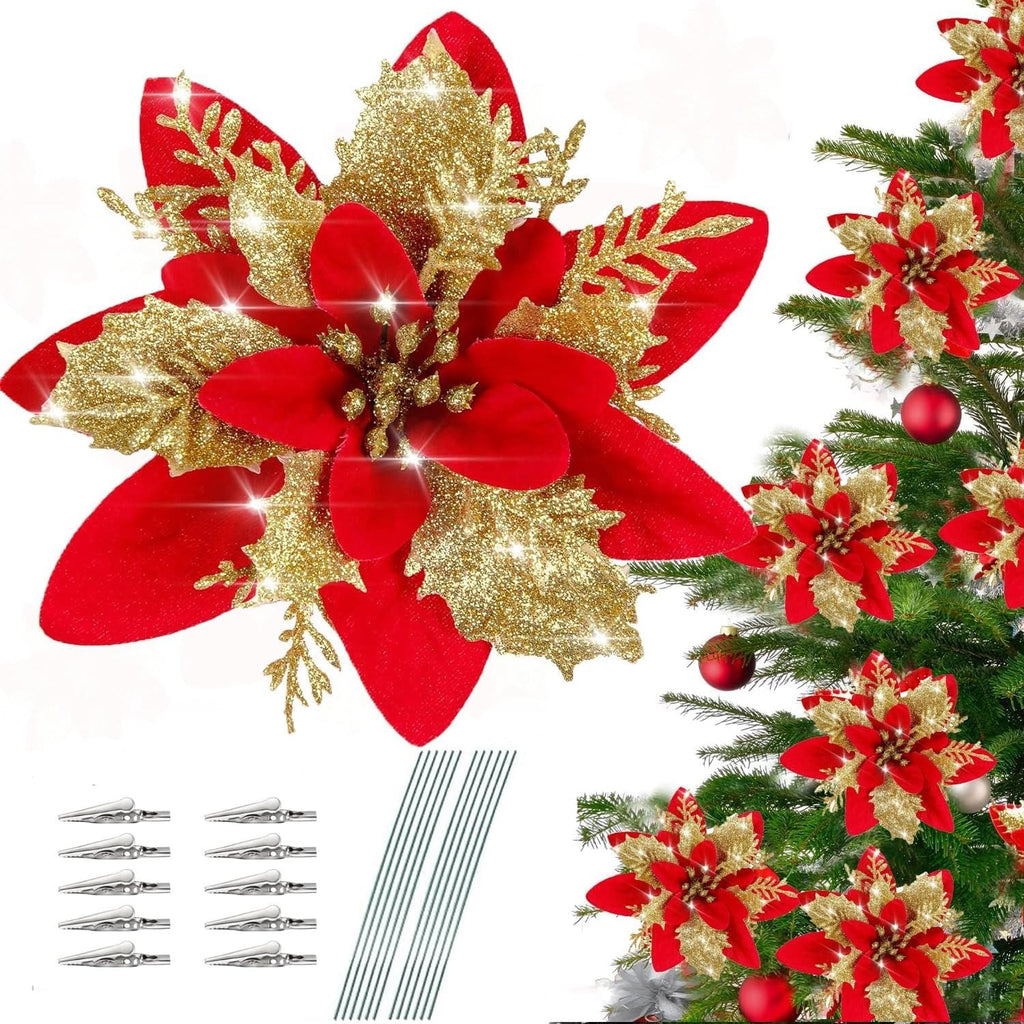 10Pcs 14cm / 5.5in Poinsettia Artificial Christmas Flowers with Clips and Stems Glitter Christmas Tree Ornaments( Red Gold)