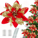 10Pcs 14cm / 5.5in Poinsettia Artificial Christmas Flowers with Clips and Stems Glitter Christmas Tree Ornaments( Red Gold)