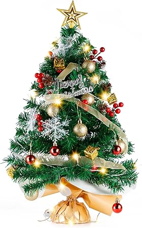 Tabletop Mini 60CM Small Xmas Tree Artificial Christmas Tree with 30 LED Lights Star and Hanging Ornaments, Perfect for Christmas New Year Decoration Tree Decor