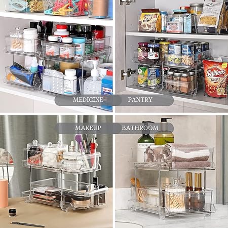 2 Tier Clear Organiser with Dividers, Acrylic Under Sink Storage Kitchen Pantry Organizer