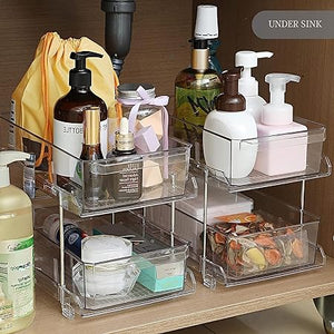 2 Tier Clear Organiser with Dividers, Acrylic Under Sink Storage Kitchen Pantry Organizer