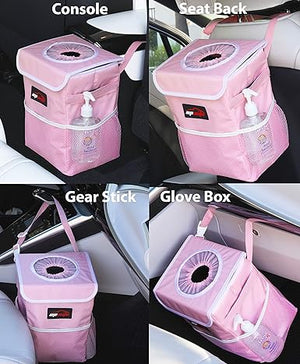 Waterproof Car Trash Can with Lid and Storage Pockets, Pink