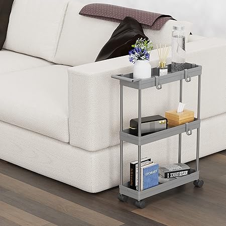 3-Tier Slim Rolling Cart with Handle and Hooks for Bathroom, Laundry and Kitchen, Grey