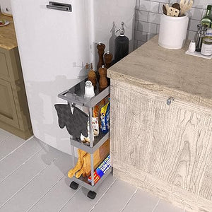 3-Tier Slim Rolling Cart with Handle and Hooks for Bathroom, Laundry and Kitchen, Grey