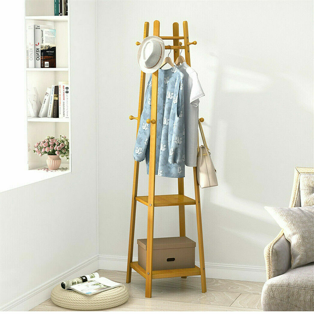 Wooden Coat Rack Hat Jacket Bag Clothes Rail Stand Hanger Room Storage Shelves