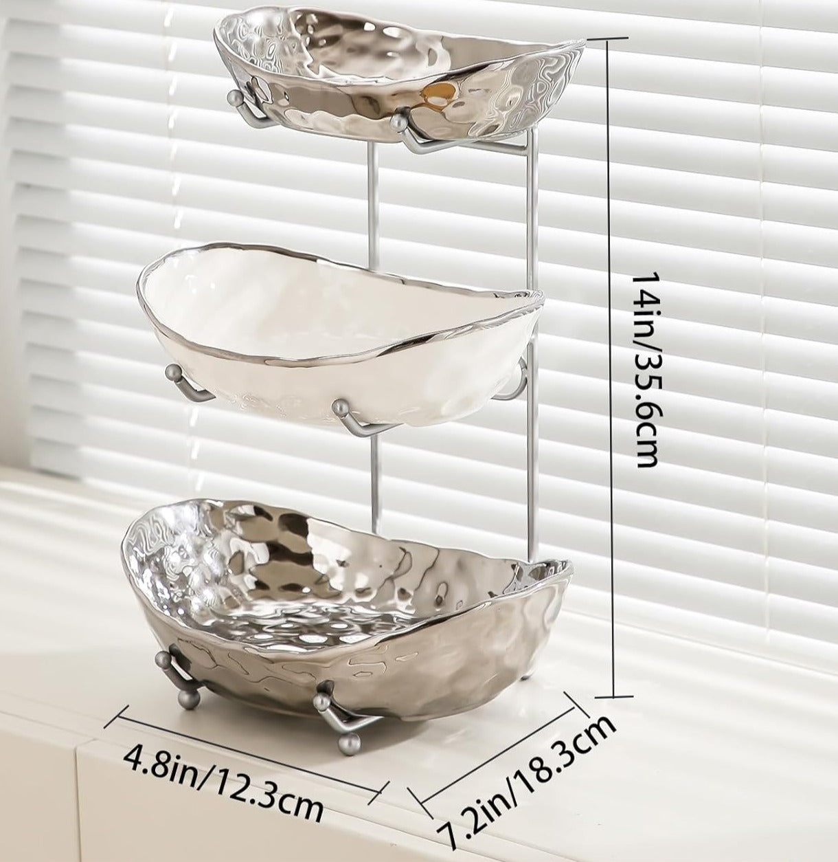 Fruit Bowl for Kitchen Counter - 3 Tier Ceramic Serving Bowls with Metal Stand, Tiered Fruit Basket (Sliver)