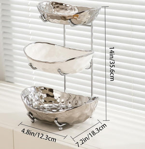 Fruit Bowl for Kitchen Counter - 3 Tier Ceramic Serving Bowls with Metal Stand, Tiered Fruit Basket (Sliver)