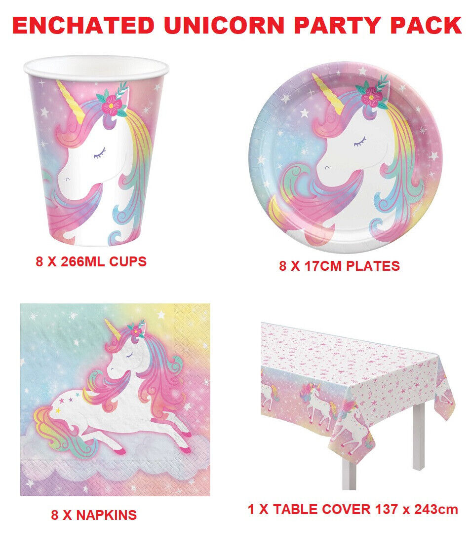 ENCHANTED UNICORN PARTY SUPPLIES PACK 8 PLATES 8 CUPS 8 NAPKINS 1 TABLE COVER