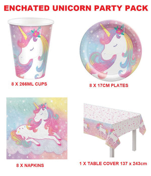 ENCHANTED UNICORN PARTY SUPPLIES PACK 8 PLATES 8 CUPS 8 NAPKINS 1 TABLE COVER