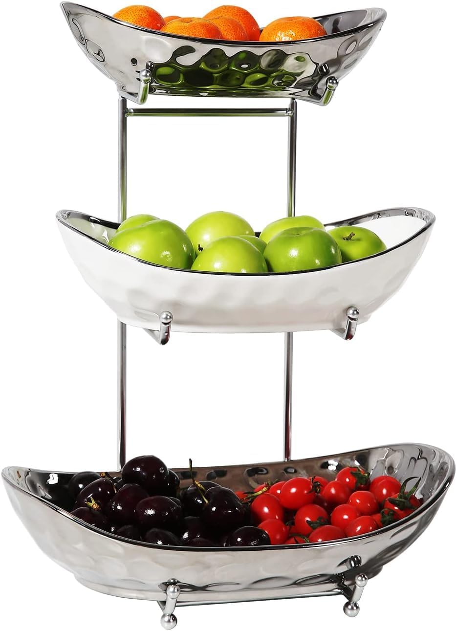 Fruit Bowl, 3 Tier Ceramic Fruit Basket, Serving Stand Serving Bowl with Metal Rack, Porcelain Kitchen Bowls