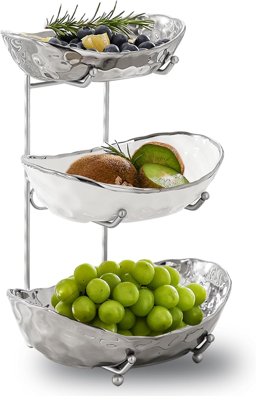 Fruit Bowl for Kitchen Counter - 3 Tier Ceramic Serving Bowls with Metal Stand, Tiered Fruit Basket (Sliver)