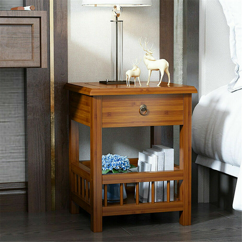 Bamboo Side Table Nightstand Couch Sofa Chairside End Table with Drawer 2 Tiers