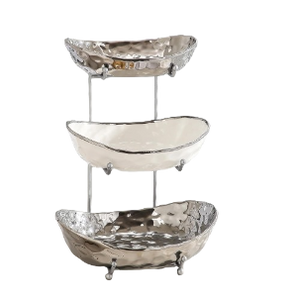 Fruit Bowl for Kitchen Counter - 3 Tier Ceramic Serving Bowls with Metal Stand, Tiered Fruit Basket (Sliver)