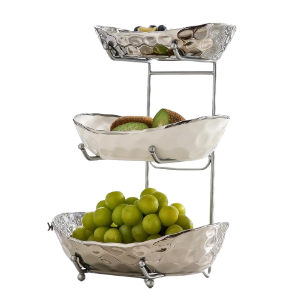 Fruit Bowl for Kitchen Counter - 3 Tier Ceramic Serving Bowls with Metal Stand, Tiered Fruit Basket (Sliver)