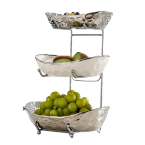 Fruit Bowl for Kitchen Counter - 3 Tier Ceramic Serving Bowls with Metal Stand, Tiered Fruit Basket (Sliver)