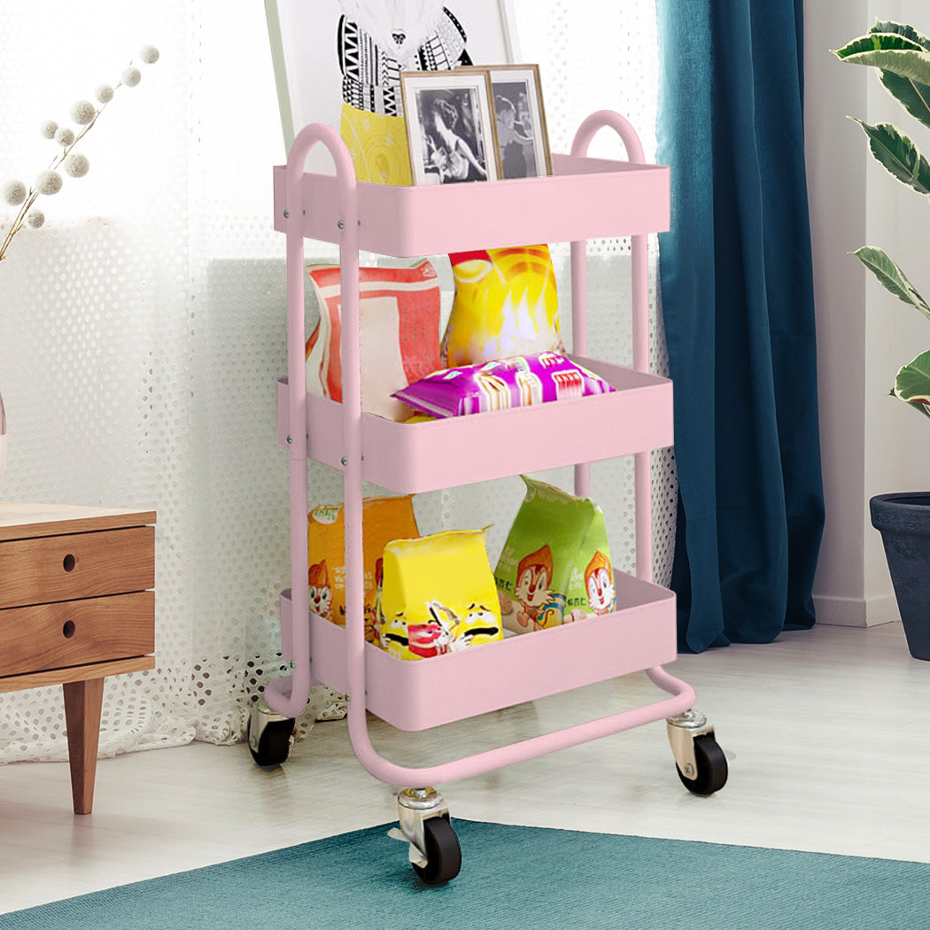 Pink 3 Tier Kitchen Bathroom Trolley Cart Steel Storage Rack Shelf Organizer Wheels