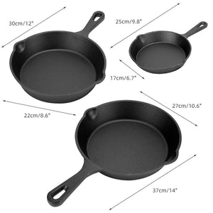 Cast Iron Skillet 3 piece-set Camping BBQ Oven Frying Pan Cookware Indoor Cooker