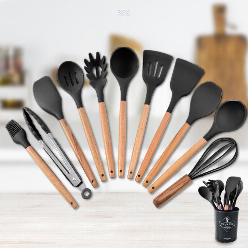 Set of 12 Silicone Utensils Set Wooden Cooking Kitchen Baking Cookware