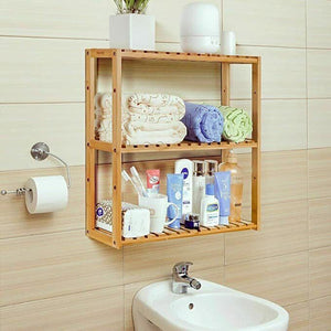 Bathroom 3-Tier Wall Mount Bamboo Shelf Adjustable Kitchen Rack Towel Holder