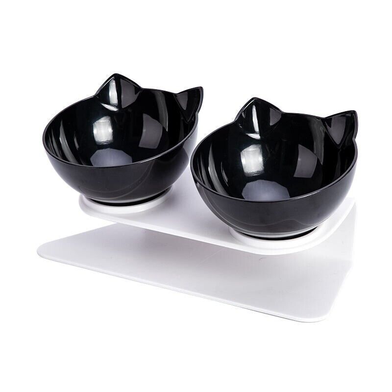 Black Double Cat Bowl Pet Bowls Stand Dog Elevated Feeder Food Water Raised Lifted