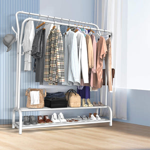 Metal Clothes Rail Garment W/ Double Hanging Rack Shoe Storage Shelf Heavy white