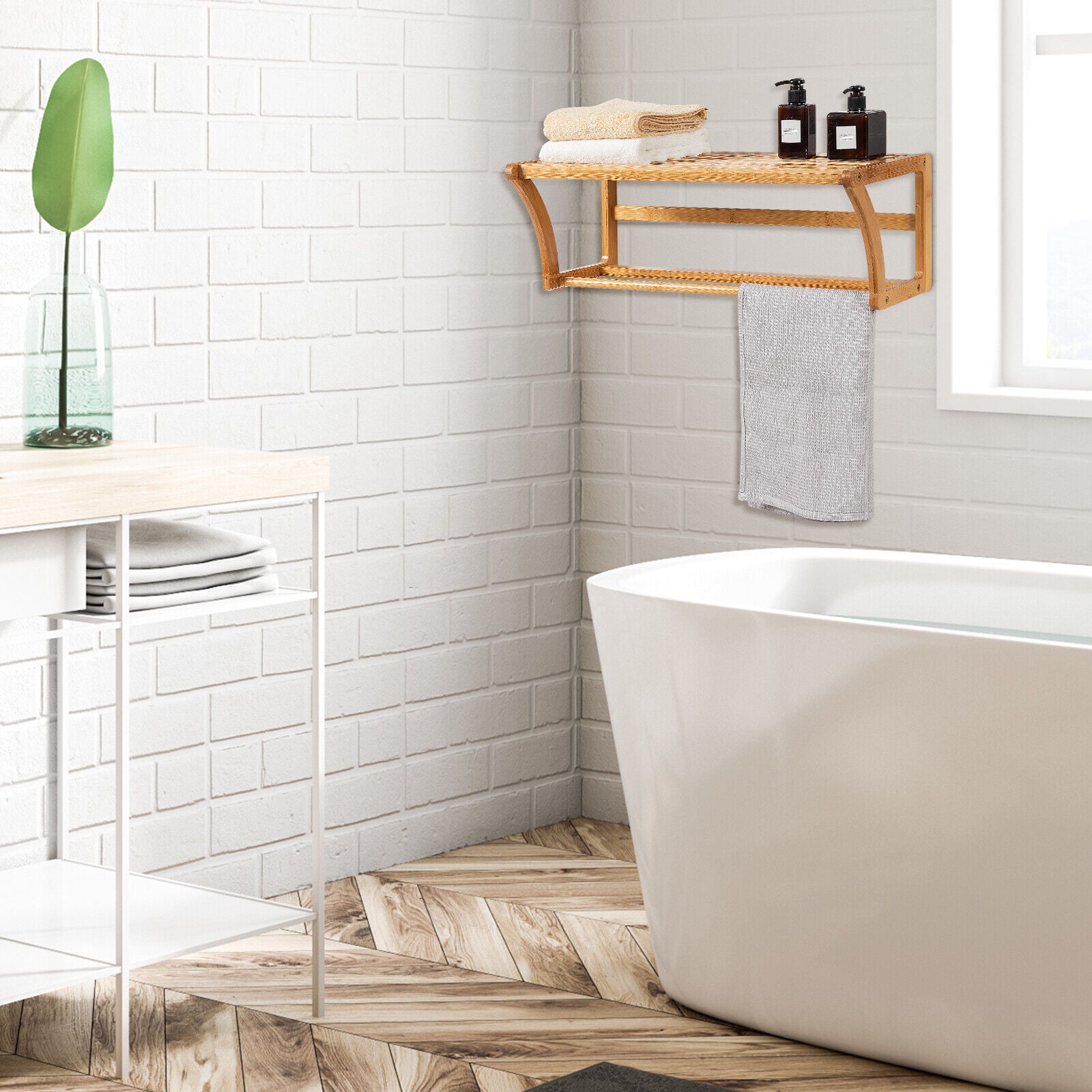 Bamboo Towel Rack Wall Mounted Bathroom Shelf Storage Top Home Solution
