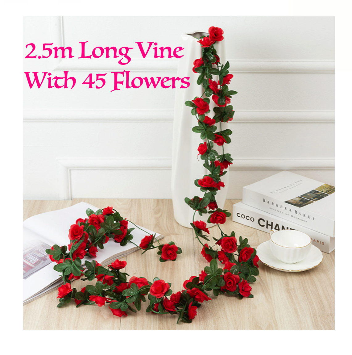 6x 2.5M Red Artificial Silk Flowers Fake Vine Ivy Hanging Garland Floral Wedding 6GM
