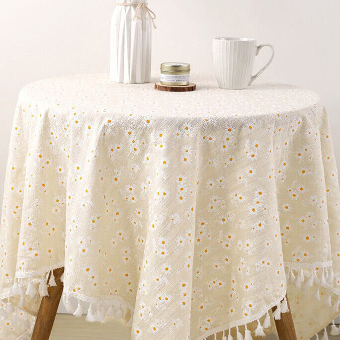 Tablecloth Table Cover Flower Pattern Dining Embroidry Table Cloth Tassel Daisy 120 X 120
