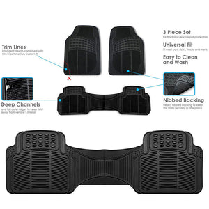 Car Floor Mats Front Rear Rubber Black Universal Fit Carpet 3PCS Set