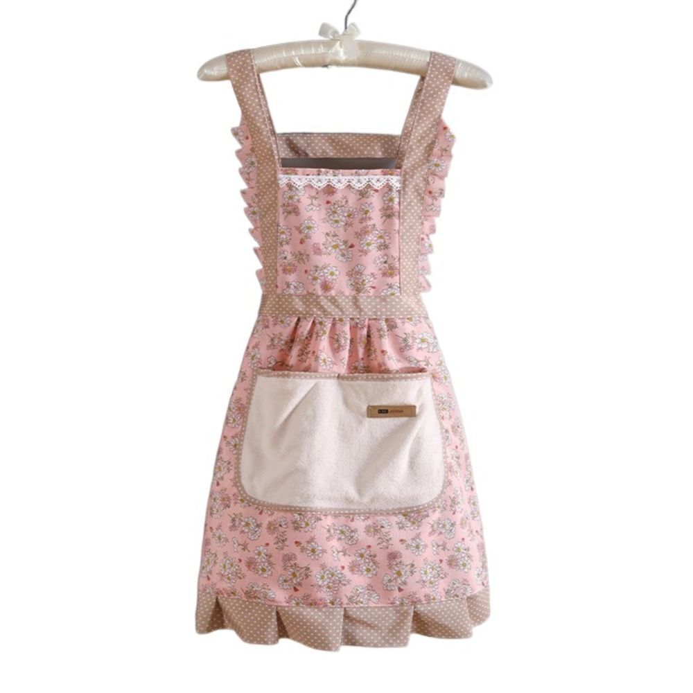 Floral Apron Bib Washable Waiter Chef Kitchen Cooking Cotton Apron with Pockets pink