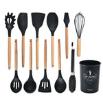 Set of 12 Silicone Utensils Set Wooden Cooking Kitchen Baking Cookware
