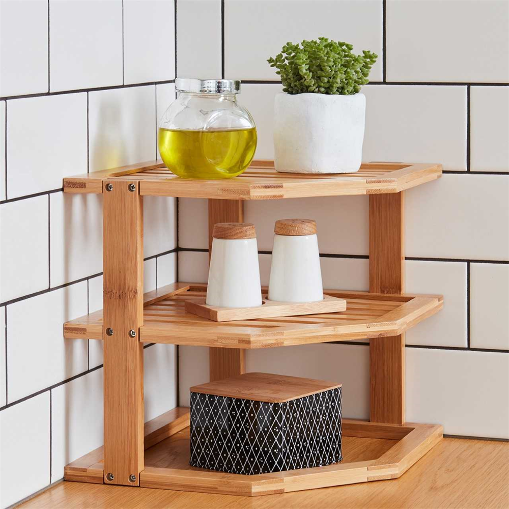 3 Tier Bamboo Wooden Corner Shelf Dish Storage Kitchen Rack Organizer