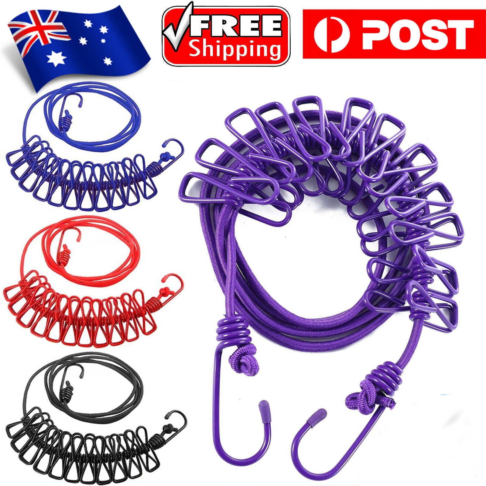 Portable Travel Camping Clothesline Washing Clothes Line Rope w/ 12 Clips Peg AU