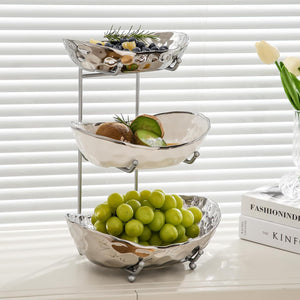 Fruit Bowl for Kitchen Counter - 3 Tier Ceramic Serving Bowls with Metal Stand, Tiered Fruit Basket (Sliver)