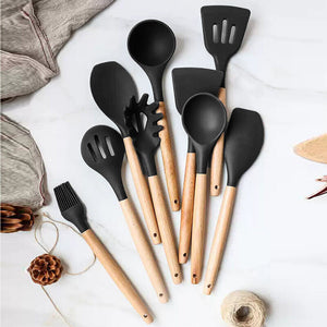 Set of 12 Silicone Utensils Set Wooden Cooking Kitchen Baking Cookware