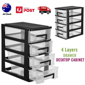 4 Tiers Drawer Storage Organiser Plastic Office Home Desktop Box Cabinet Black