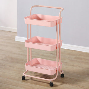 Pink 3 Tier Kitchen Bathroom Trolley Cart Steel Storage Rack Shelf Organizer Wheels