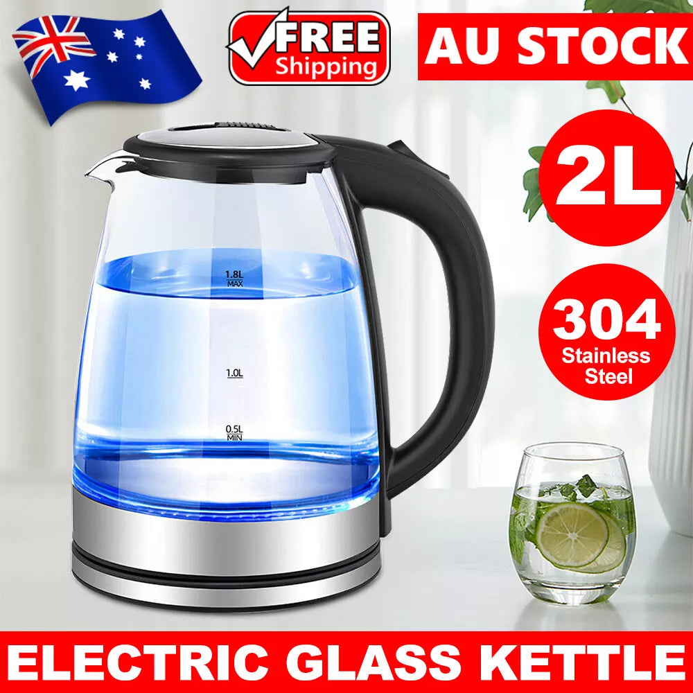 2.L Clear Glass Cordless Kettle Electric Blue Led Light Automatic 360 Jug