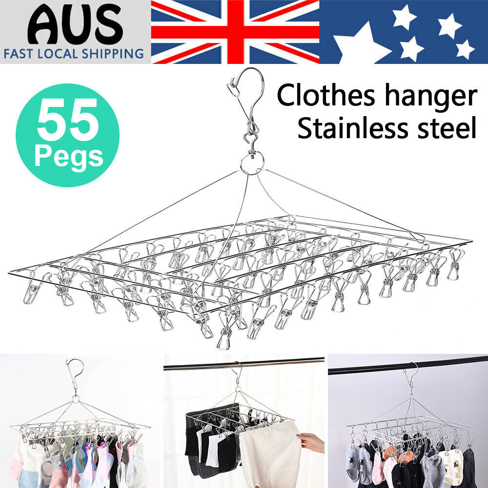 55 Pegs Stainless Steel Sock Hanger Space Saving Bras Clothes Towel Airer Rack