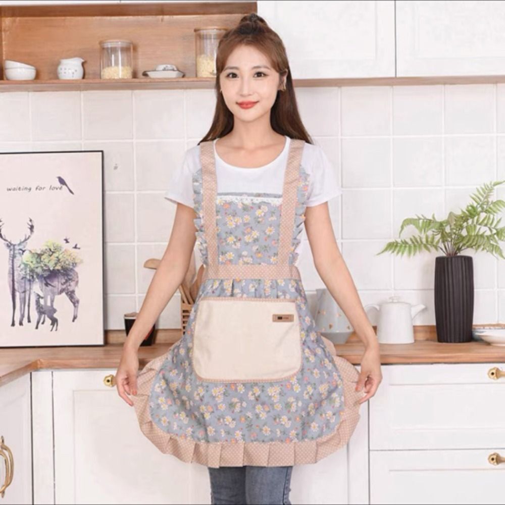 Floral Apron Bib Washable Waiter Chef Kitchen Cooking Cotton Apron with Pockets Green