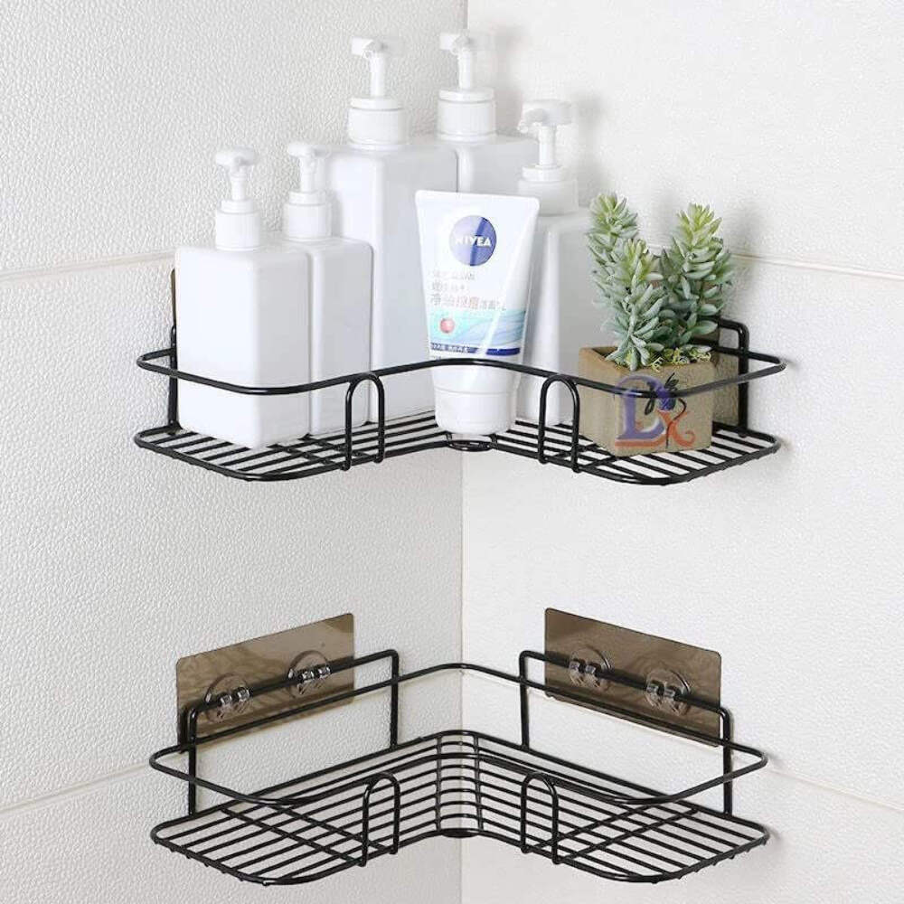 Corner Shower Caddy with Hooks and Adhesive (Black)