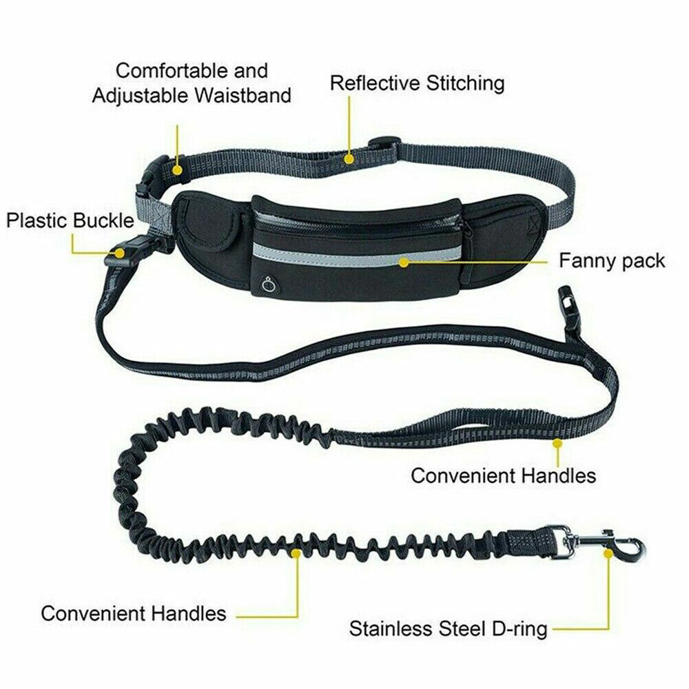 Black Hands Free Dog Leash Lead + Waist Bag Belt Jogging Walking Running