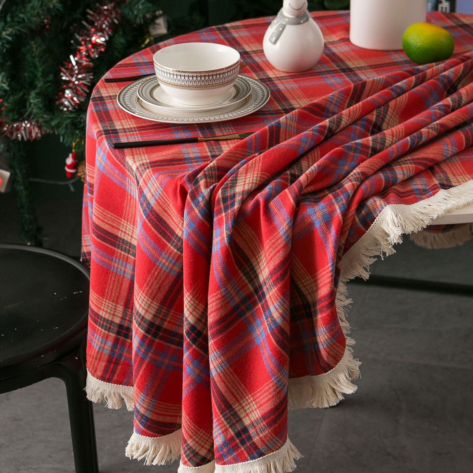 150cm Round Table Cloth Tassel Christmas Tablecloth Dining Table Cover Home Party  Red