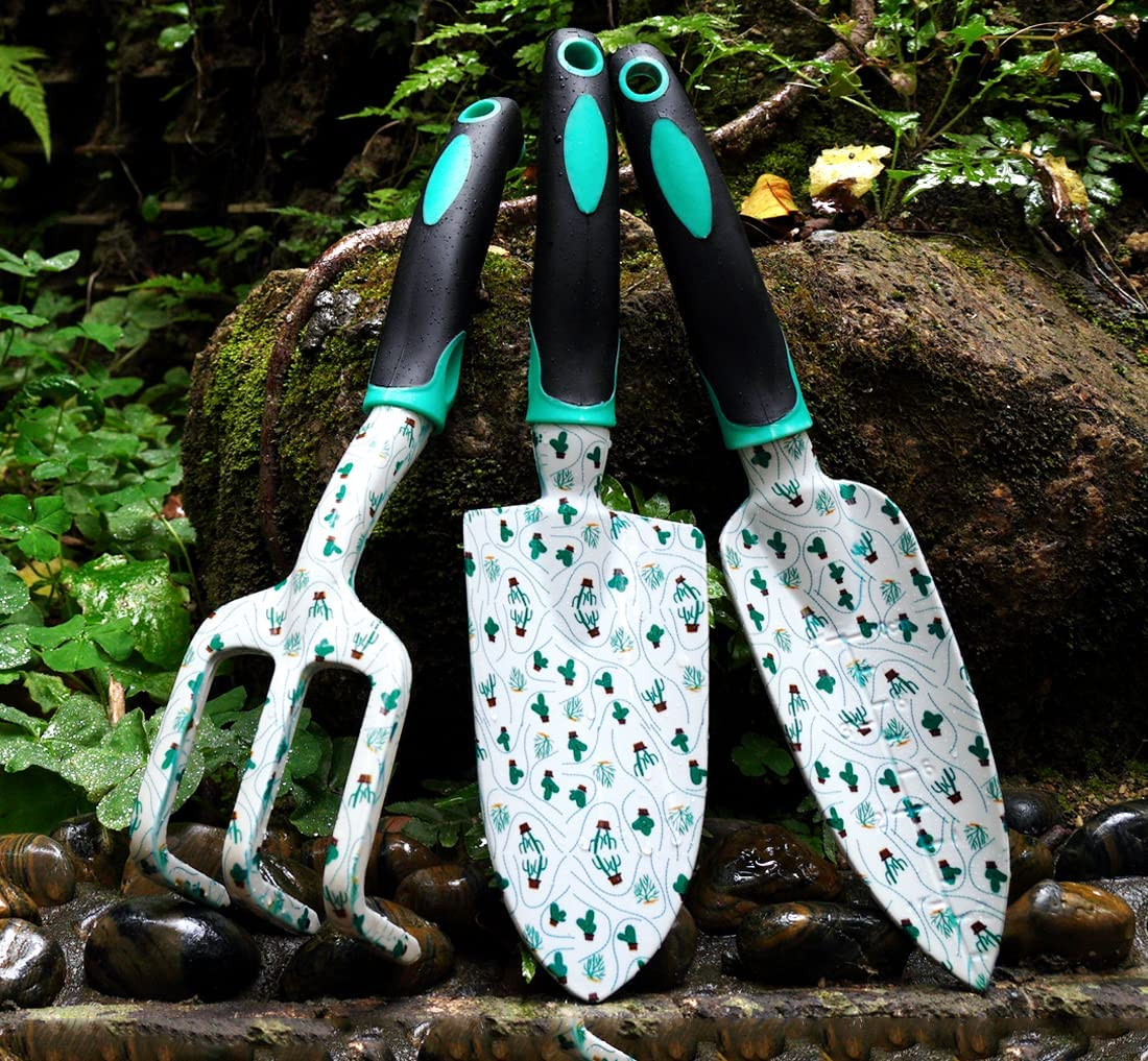 Garden Tool Set with Non-Slip Rubber Handle, 3 Piece Cast-Aluminum Heavy Duty