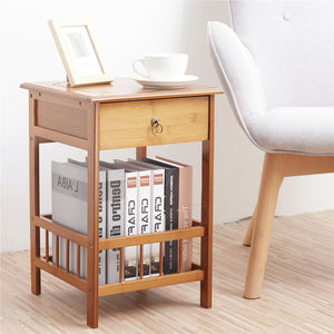 Bamboo Side Table Nightstand Couch Sofa Chairside End Table with Drawer 2 Tiers